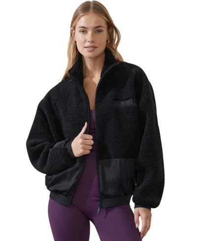 Cotton On Women's Sherpa Contrast Zip Through Long Sleeve Jacket In Black