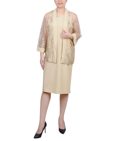 Ny Collection Women's 3/4 Sleeve Jacket And Dress, 2 Piece Set In Gold