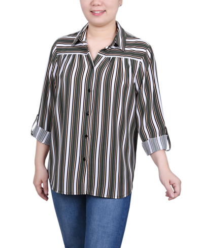 Ny Collection Women's Long Roll Tab Sleeve Blouse In White Olive Stripe