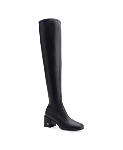 Aerosoles Women's Oreti Tall Dress Boot Mid Heel In Black - Straetch Faux Leather