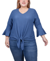 Ny Collection Plus Size 3/4 Bell Sleeve Textured Knit Top In Navy