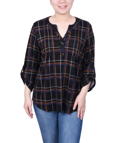 Ny Collection Petite Size 3/4 Roll Sleeve Top In Black Ivory Plaid
