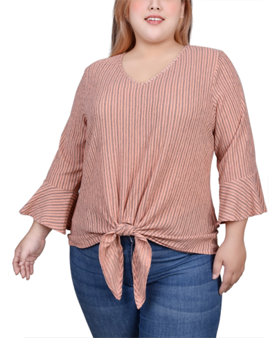 Ny Collection Plus Size 3/4 Bell Sleeve Textured Knit Top In Coral