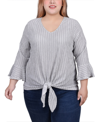 Ny Collection Petite 3/4 Roll Tab Zip Front Jacquard Knit Top In White
