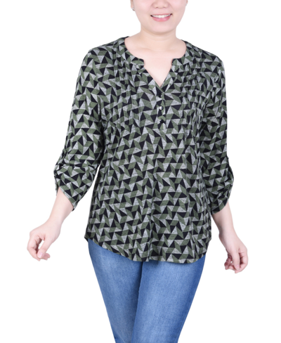 Ny Collection Plus Size 3/4 Roll Sleeve Top In Olive Pyramid