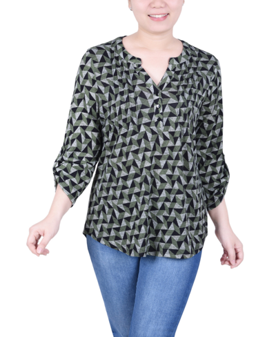 Ny Collection Petite Size 3/4 Roll Sleeve Top In Olive Pyramid