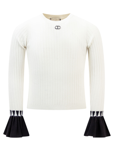 Twinset Kids' Logo-plaque Ribbed-knit Jumper In Off White/nero