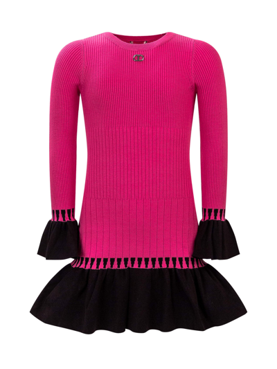 Twinset Kids' Two Tone Dress With Ruffles In Pink Fluo/nero