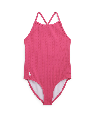 Polo Ralph Lauren Kids' Toddler And Little Girls Stretch Jacquard One-piece Swimsuit In Bright Pink With White