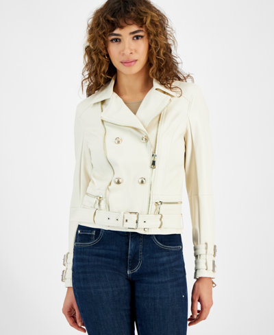 Guess Women's Venom Faux-leather Cropped Moto Jacket In Dove White Multi