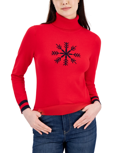 Tommy Hilfiger Women's Turtleneck Snowflake-graphic Sweater In Scarlet,sky Captain