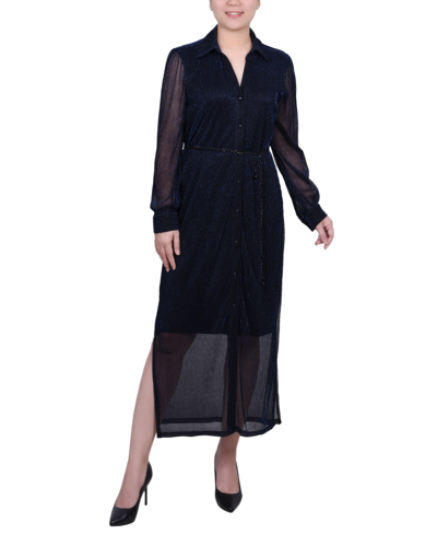Ny Collection Women's Long Sleeve Plisse Mesh Dress With Belt In Navy