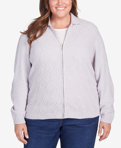 Alfred Dunner Plus Size Classics Chenille Zip Front Cardigan Sweater In Gray