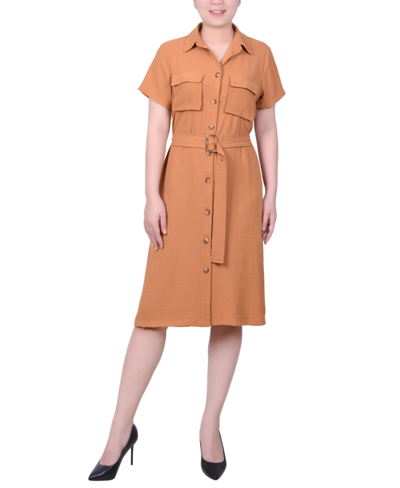 Ny Collection Women's Short Sleeve Belted Shirtdress In Meerkat