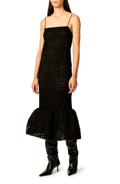 Interior Esther Ruffle-hem Sleeveless Lace Midi Dress In Black