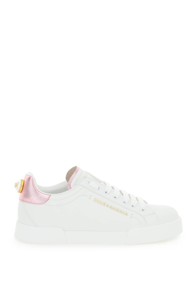 Dolce & Gabbana Portofino Sneakers With Pearl In White,pink