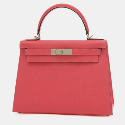 Pre-owned Hermes Kelly 28 Outside Stitching Handbag Epson Rose Azalea Silver Hardware D Engraved In Red