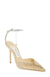 JIMMY CHOO SAEDA CRYSTAL ANKLE STRAP POINTED TOE PUMP