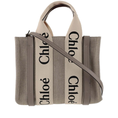 Chloé Woody Logo Tape Small Tote Bag In Beige