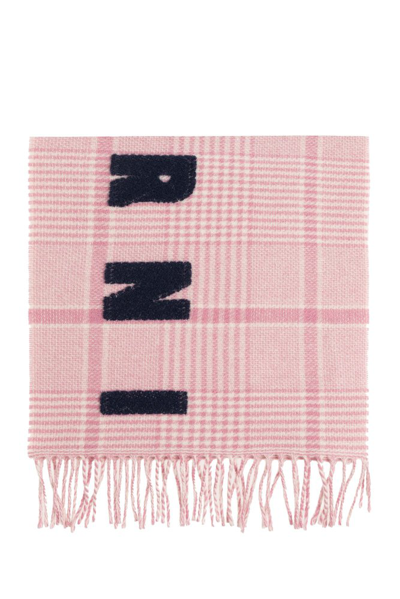 Marni Checked Fringed Scarf In Pink