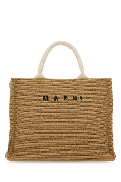 Marni Woman Biscuit Raffia Small Shopping Bag In Brown