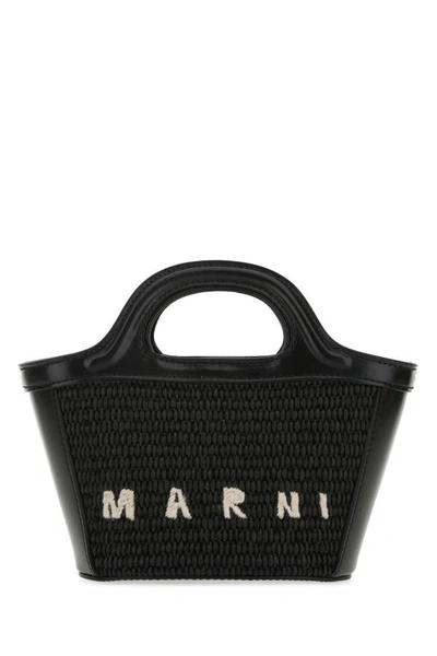 Marni Woman Black Leather And Straw Micro Tropicalia Summer Handbag