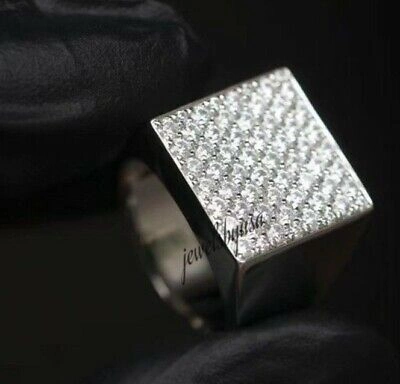 Pre-owned Nsg 0.21ct D/vvs Moissanite Men's Square Statement Ring 14k White Gold Plated Silver