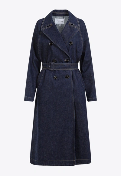 Alaïa Alaia Belted Brut Denim Coat In Blue