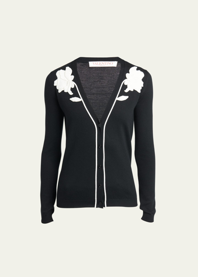 Valentino Flower Embroidered Wool Cardigan In Black Ivory