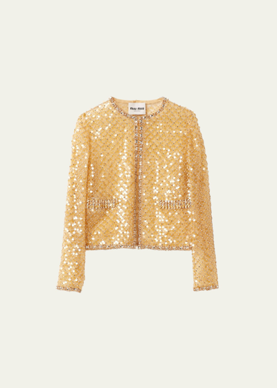 Miu Miu Sequined Crystal Cropped Jacket In F0036 Sabbia