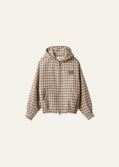 Miu Miu Check Hooded Cropped Wool Jacket In F0324 Cacao