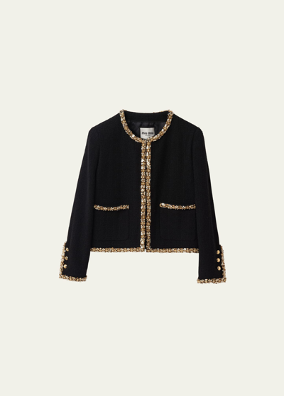 Miu Miu Cropped Jacket With Crystal Embellishment In F0002 Nero