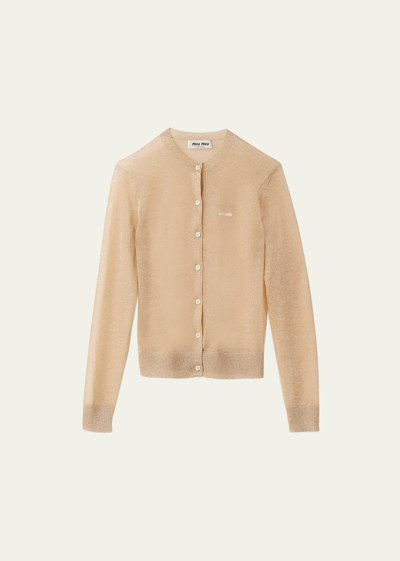 Miu Miu Logo Intarsia Knit Cardigan In Gold