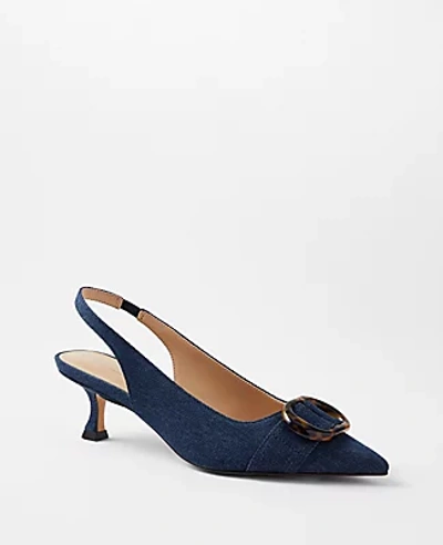 Ann Taylor Denim Buckle Pointy Toe Slingback Pumps In Dark Denim Blue