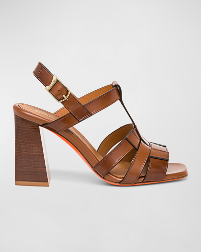 Santoni Venere Leather T-strap Slingback Sandals In Brown