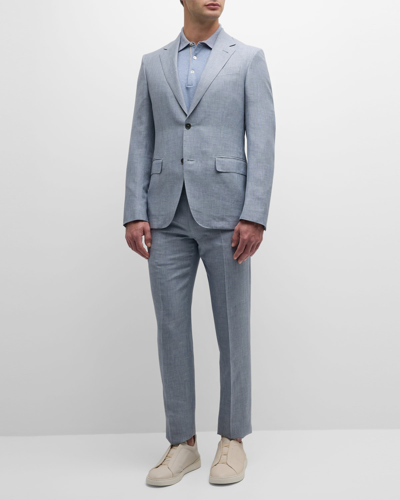 Zegna Men's Plaid Crossover Wool Linen Suit In Bright Blue Check