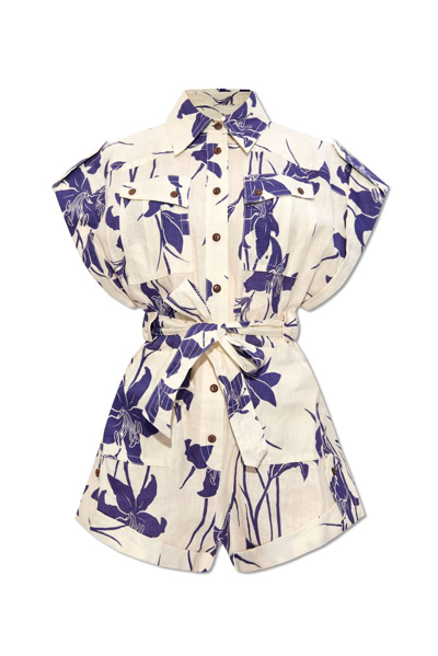 Zimmermann Arcadian Floral-pattern Linen Playsuit In Ivory/blue Floral