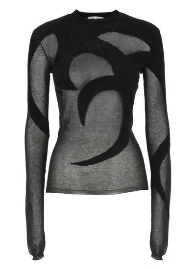 Attico Tribal Intarsia Long-sleeve Chiffon Sweater In Black
