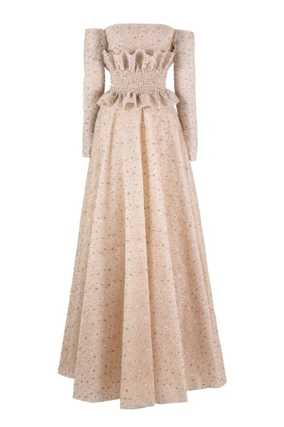 Saiid Kobeisy Off-shoulder Tulle Embroidered Dress With A Detachable Peplum In Neutrals