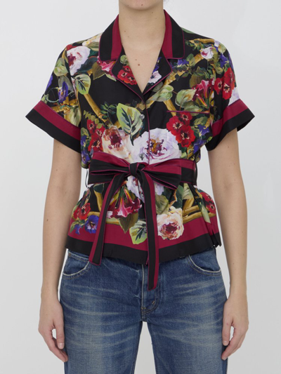 Dolce & Gabbana Multicolor Silk Flower Vase Short Sleeves Blouse Women's Top