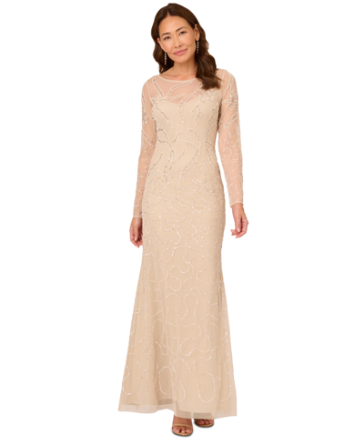 Adrianna Papell Women's Beaded Long-sleeve Gown In Biscotti