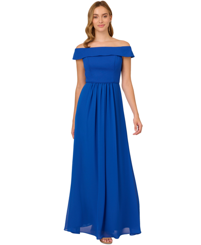 Adrianna Papell Off The Shoulder Crepe Chiffon Gown In Violet Cobalt