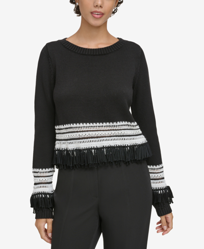 Donna Karan Women's Deco Fringe-embellished Cotton-blend Sweater In Black
