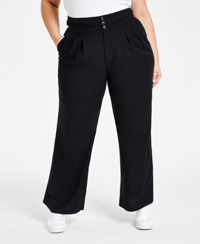 Bar Iii Plus Size High Rise Pleated Wide-leg Pants, Created For Macy's In Deep Black