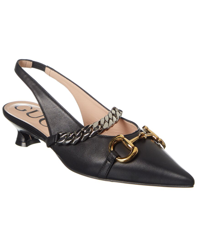 Gucci Horsebit & Chain Leather Slingback Pump In Black