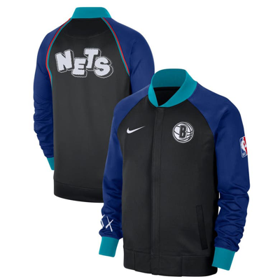 Nike Men's  Black Brooklyn Nets 2023/24 City Edition Authentic Showtime Performance Raglan Full-zip J In Rush Blue/black/chile Red