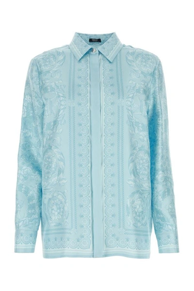 Versace Twill Silk Shirt In Clear Blue