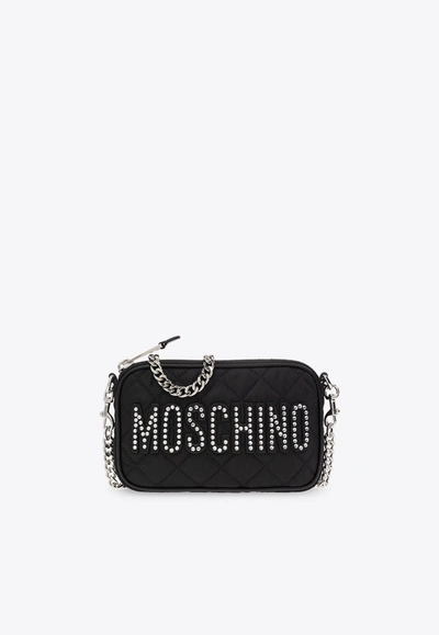 Moschino Logo Embellished Zipped Shoulder Bag In Black