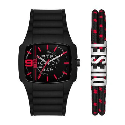 Pre-owned Diesel Mens Wristwatch + Bracelet  Cliffhanger Dz2191set Silicone Black Fabric