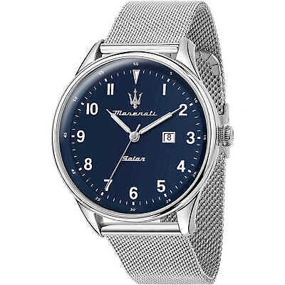 Pre-owned Maserati Mens Solar Wristwatch  Tradizione R8851146002 Stainless Steel Mesh Blue